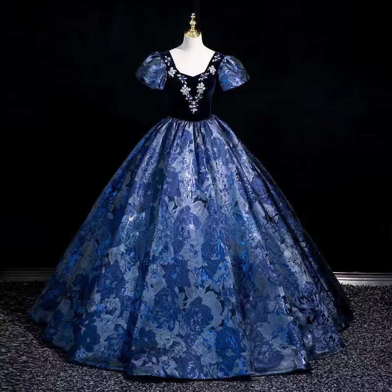 Navy blue floral satin prom dress ball gown evening dress