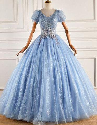 Blue v neck short sleeve long tulle ball gown evening dress