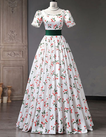 Woman long floral ball gown,printed satin evening dress