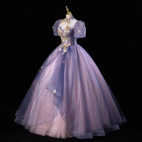 Purple long tulle prom dress ball gown