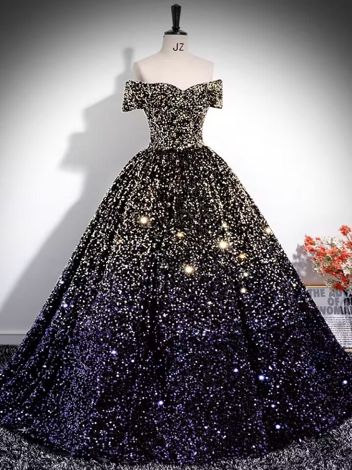 Gradient sequin velvet prom dress ball gown