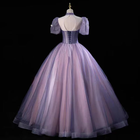 Purple long tulle prom dress ball gown