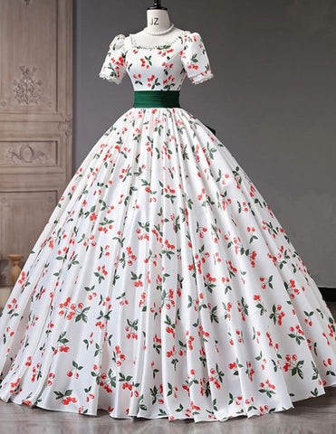 Woman long floral ball gown,printed satin evening dress