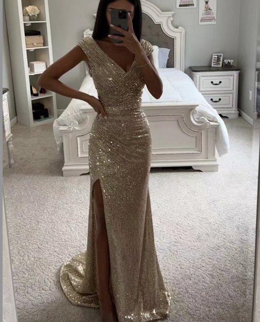 Champagne v neck pleated sequin slit evening prom dress VIMYES