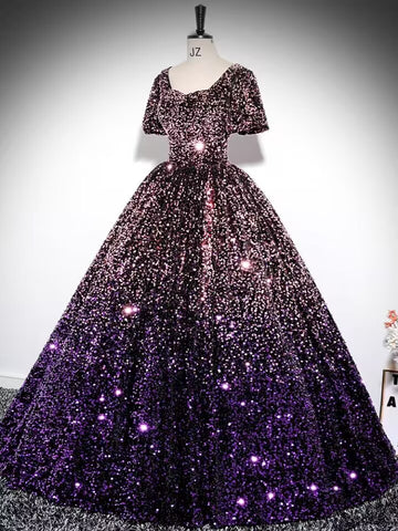 Gradient purple velvet sequin long prom dress ball gown