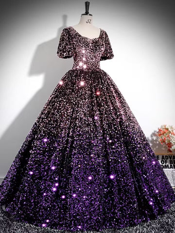 Gradient purple velvet sequin long prom dress ball gown