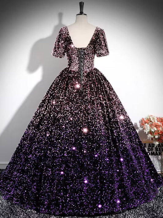 Gradient purple velvet sequin long prom dress ball gown VIMYES