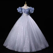 Silver grey sparkle lace tulle prom dress evening gown