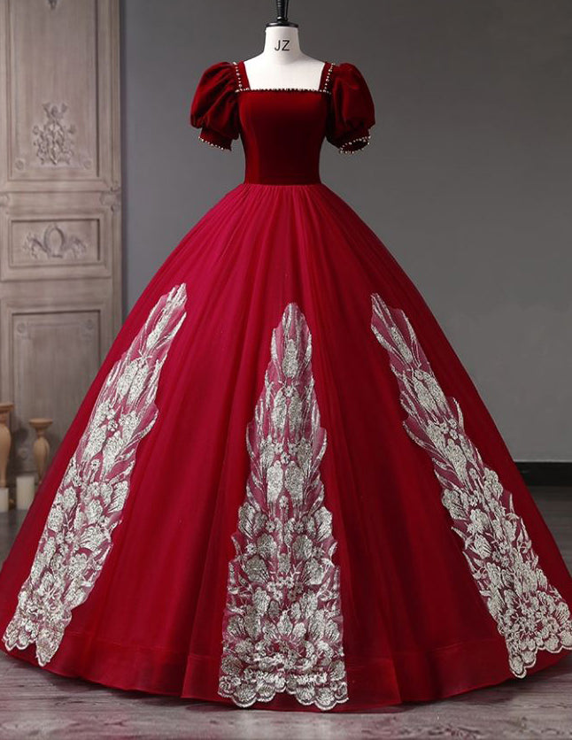 Burgundy square neckline long tulle ball gown,woman lace applique wedding gown