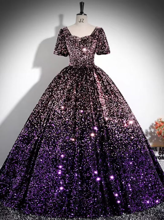 Gradient purple velvet sequin long prom dress ball gown VIMYES