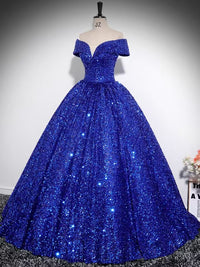 Royal Blue Off Shoulder Sequin Velvet Ball Gown Prom Dress