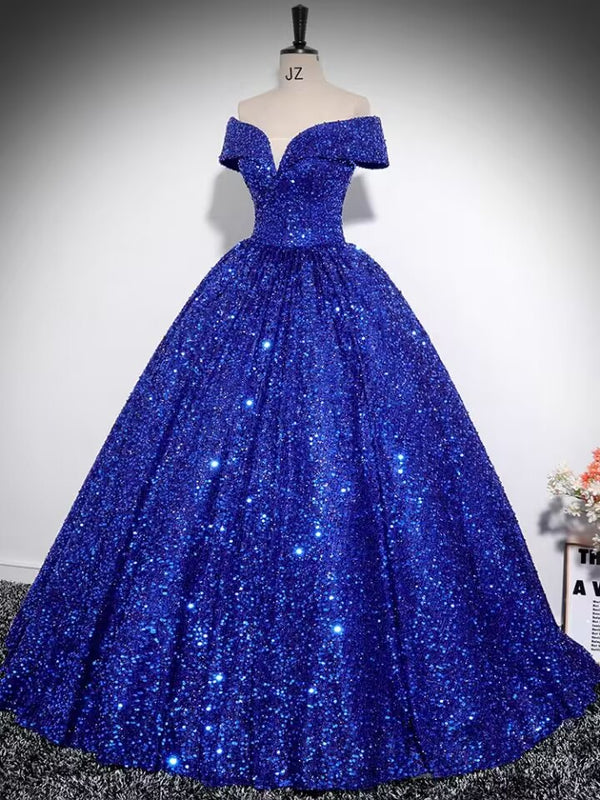 Royal Blue Off Shoulder Sequin Velvet Ball Gown Prom Dress
