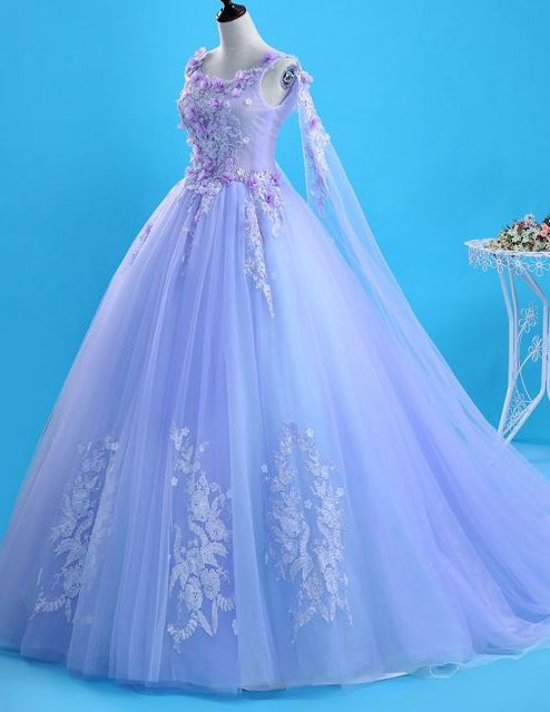 Lavender lace applique long tulle ball gown VIMYES