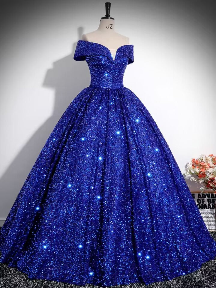 Royal Blue Off Shoulder Sequin Velvet Ball Gown Prom Dress