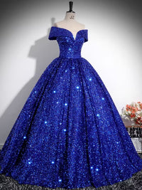 Royal Blue Off Shoulder Sequin Velvet Ball Gown Prom Dress