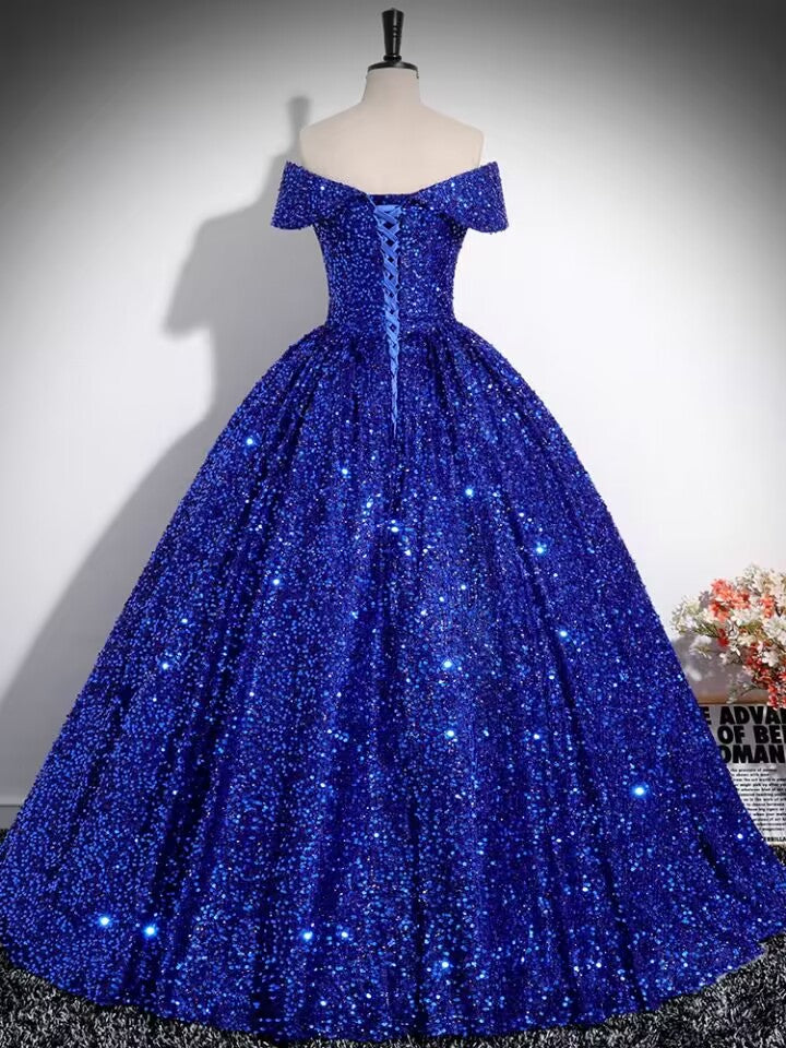 Royal Blue Off Shoulder Sequin Velvet Ball Gown Prom Dress