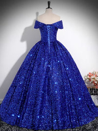 Royal Blue Off Shoulder Sequin Velvet Ball Gown Prom Dress