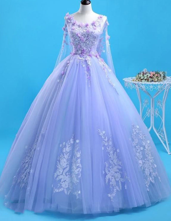 Lavender lace applique long tulle ball gown