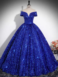 Royal Blue Off Shoulder Sequin Velvet Ball Gown Prom Dress