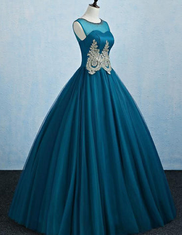 Scoop sleeveless long tulle ball gown evening dress