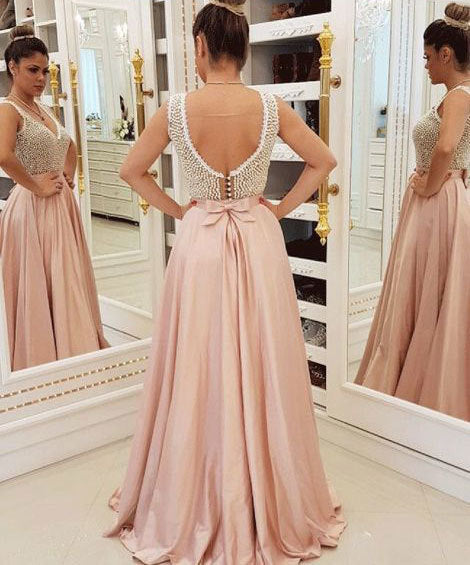 V neck lace pearl beaded long satin ball gown formal dress VIMYES