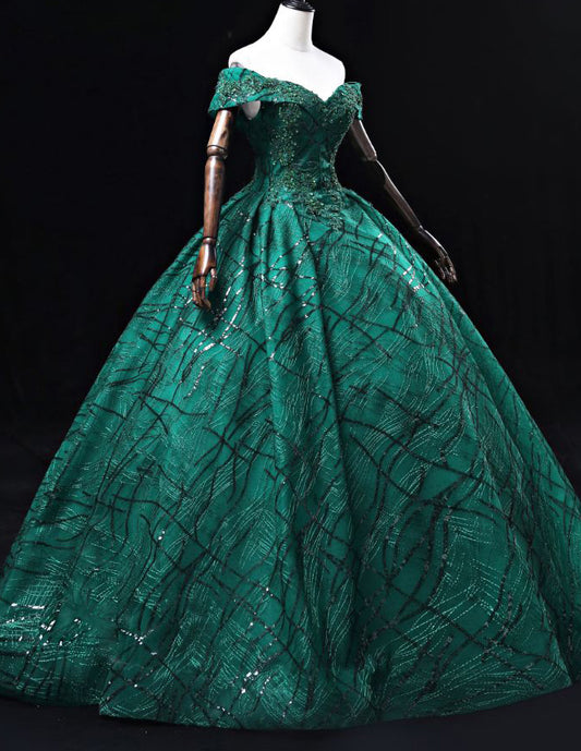 Green off the shoulder long lace ball gown evening dress VIMYES