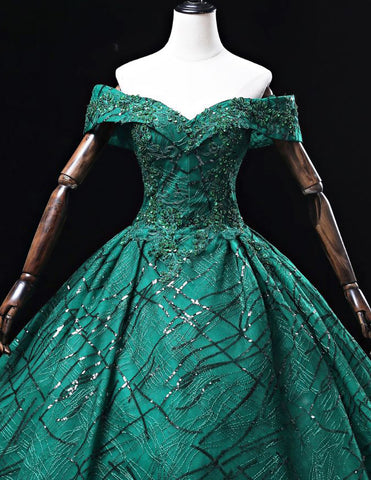 Green off the shoulder long lace ball gown evening dress