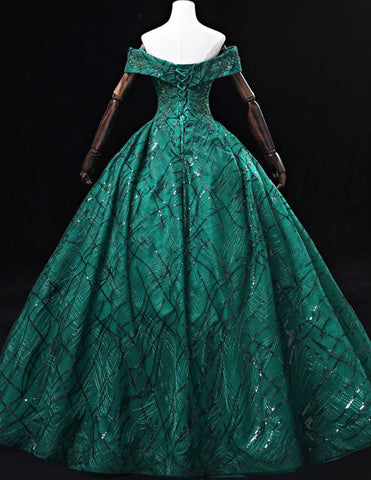 Green off the shoulder long lace ball gown evening dress