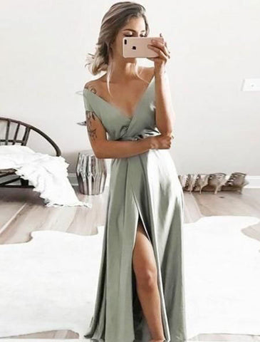 V neck grey long satin evening dress slit formal gown