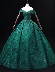 Green off the shoulder long lace ball gown evening dress
