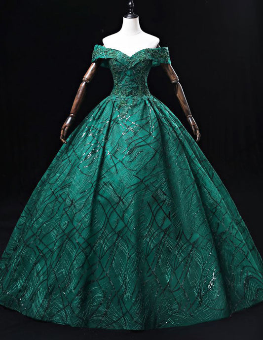 Green off the shoulder long lace ball gown evening dress VIMYES