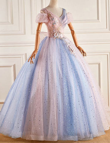 V neck pleated blue evening gown,lace applique long glitter tulle ball gown