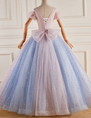 V neck pleated blue evening gown,lace applique long glitter tulle ball gown