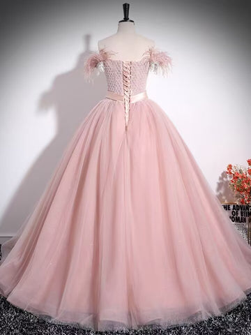 Beaded lace prom dress gown,pink evening party gown