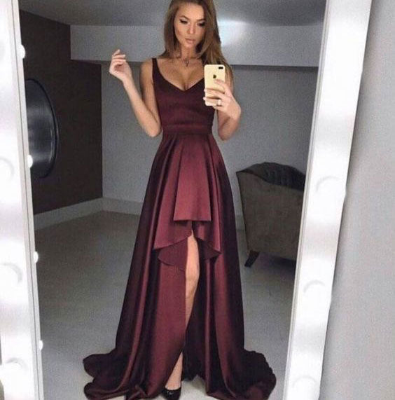 Burgundy v neck long satin ball gown formal dress