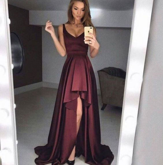 Burgundy v neck long satin ball gown formal dress VIMYES