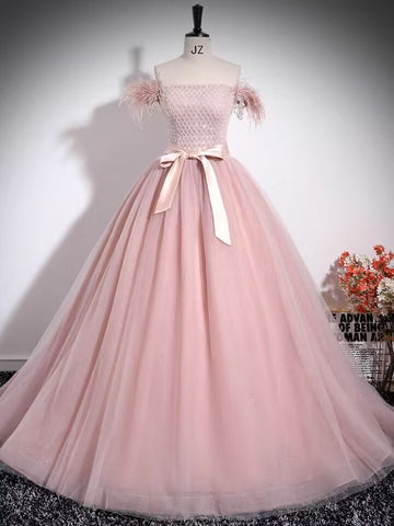 Beaded lace prom dress gown,pink evening party gown