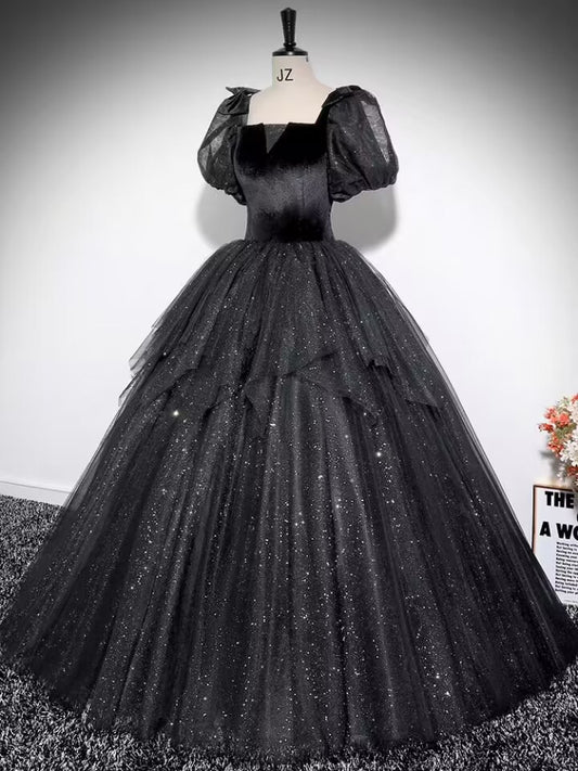 Black sparkle tulle prom gown,woman long evening gown VIMYES