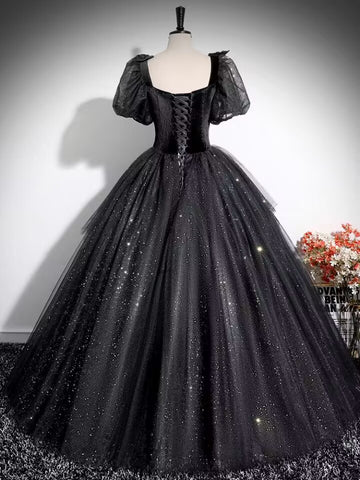 Black sparkle tulle prom gown,woman long evening gown