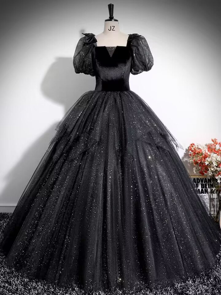 Black sparkle tulle prom gown,woman long evening gown