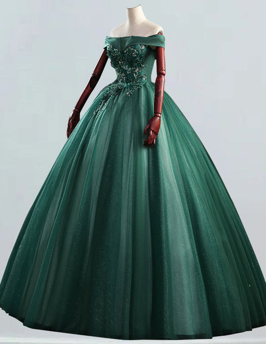 Green off the shoulder lace applique long tulle ball gown for girls' evening party2 VIMYES