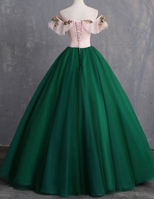 Green off the shoulder floral lace tulle ball gown VIMYES