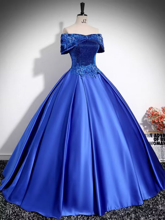 Royal blue lace applique long satin prom dress gown VIMYES