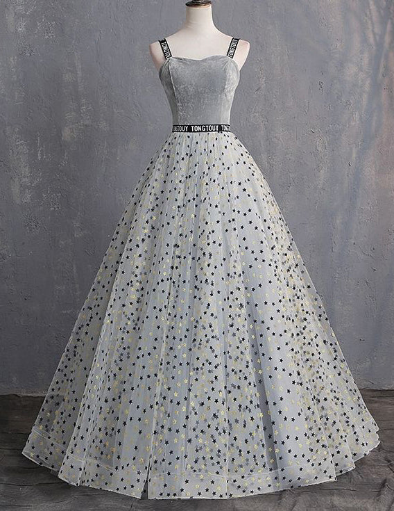 Gray straps long tulle ball gown evening dress