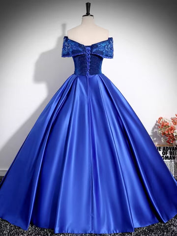 Royal blue lace applique long satin prom dress gown