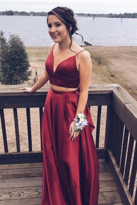 Burgundy satin prom dress two piece formal gown VIMYES