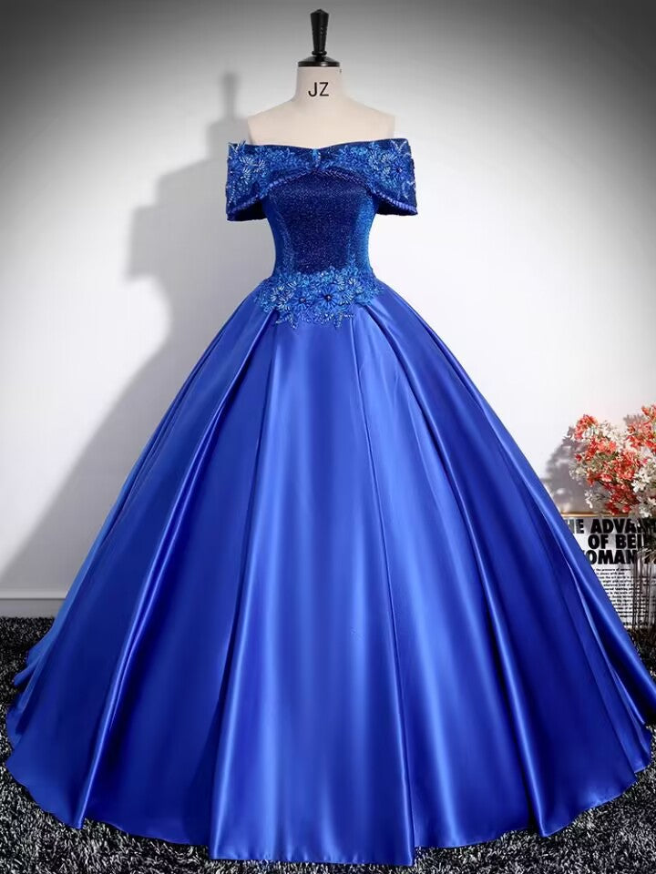 Royal blue lace applique long satin prom dress gown