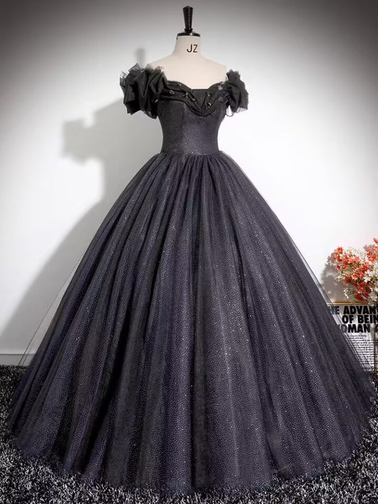 Black pleated sparkle tulle long prom dress gown VIMYES