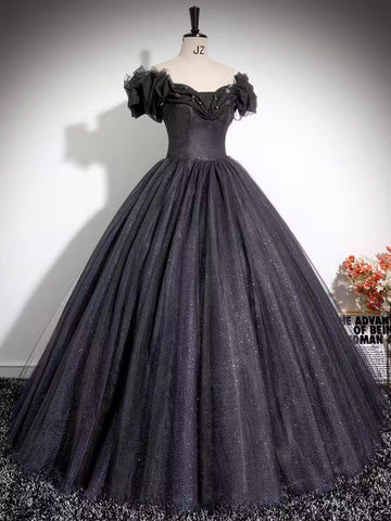 Black pleated sparkle tulle long prom dress gown