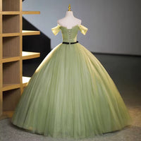 Mint green floral long tulle ball gown evening dress